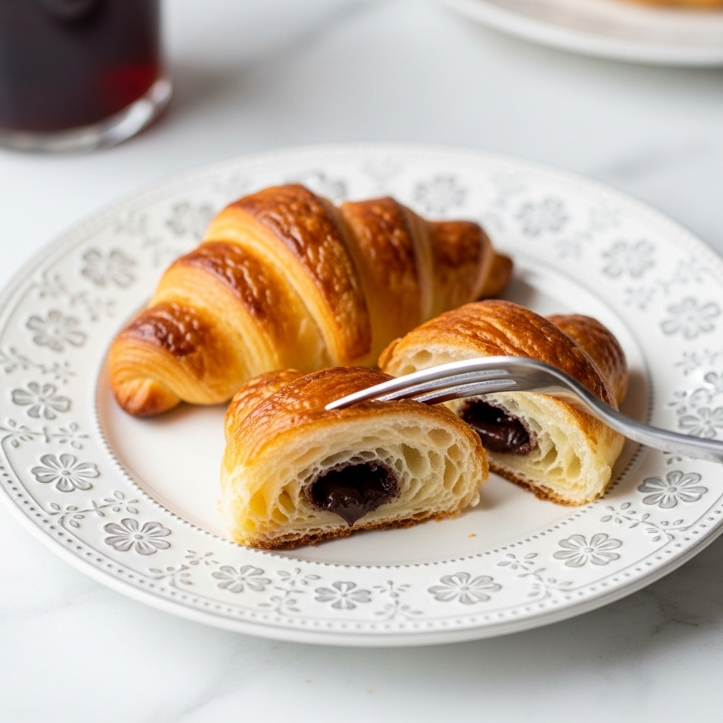 A white plate with a thin gray floral pattern around the edge holds two small croissants. One croissant is whole and golden brown with a flaky texture on top. The other croissant is cut in half to show a smooth, dark chocolate filling inside its soft, light yellow layers. A fork holds one half of the cut croissant just above the plate, with some crumbs and small pieces of chocolate near it. The scene is set on a white marbled surface with a soft, blurred background. Photo taken with an iphone --ar 4:5 --v 7