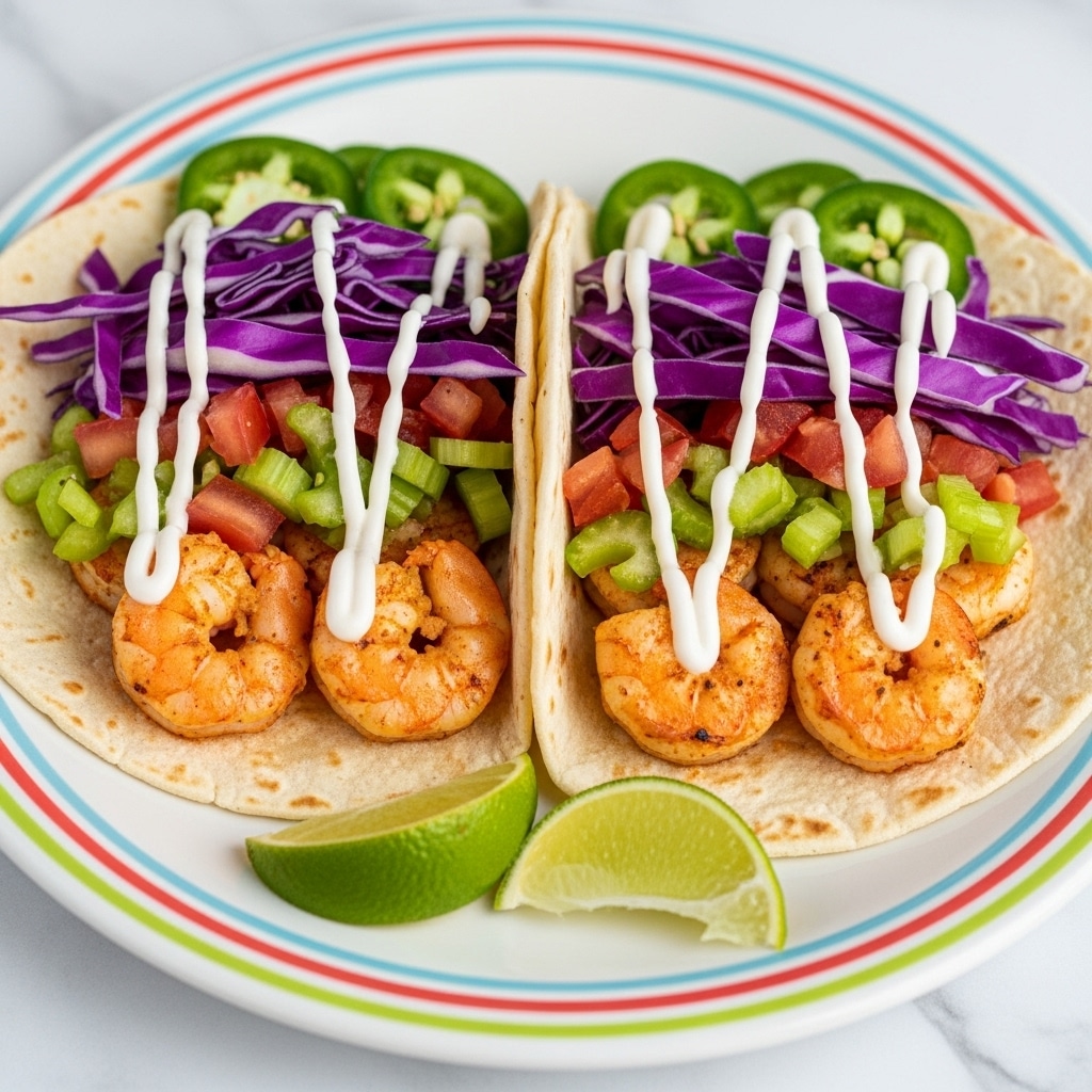 Two soft tacos sit side by side on a white plate with colorful stripes around the edge, placed on a white marbled surface. Each taco has a soft beige tortilla shell holding layers of bright orange cooked shrimp, chunky red diced tomatoes, thin slices of green jalapeño, chopped light green scallions, and crisp purple cabbage strips. The tacos are topped with a drizzle of white creamy sauce. A lime wedge with a bright green rind and yellow-green inside is placed near the front taco, and a slice of jalapeño lies on the plate beside the other taco. Photo taken with an iphone --ar 4:5 --v 7