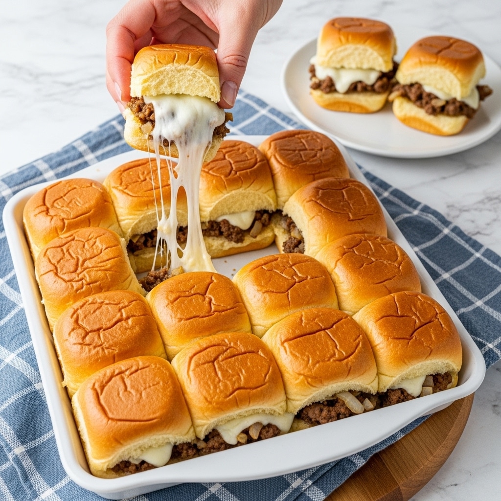 A tray of 15 golden brown slider buns arranged in a 3 by 5 grid, each sandwich showing a soft shiny top layer with a thick, juicy filling inside. The filling has three visible layers: a bottom layer of melted white cheese, a middle layer of finely chopped cooked ground beef mixed with caramelized onions, and a top layer formed by the slider bun. A woman's hand is lifting one slider, pulling up melted cheese strands stretched between the slider and the tray. In the background, there is a white plate holding two stacked sliders cut in half to reveal the filling. The whole scene is set on a white marbled surface with a wooden board beneath the baking tray and a blue and white checkered cloth nearby. Photo taken with an iphone --ar 4:5 --v 7