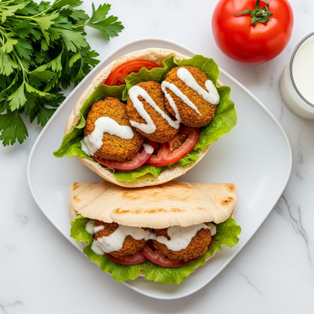 The image shows a white square plate on a white marbled surface with two flatbreads. One flatbread is open, revealing three golden-brown falafel pieces on top of a fresh green lettuce layer, with sliced red tomato and dollops of white sauce. Fresh parsley leaves are scattered on the falafel and lettuce. The second flatbread is folded, hiding the inside. There is a bunch of parsley and a whole tomato near the plate, and a clear glass of milk is slightly visible near the top left corner. photo taken with an iphone --ar 4:5 --v 7