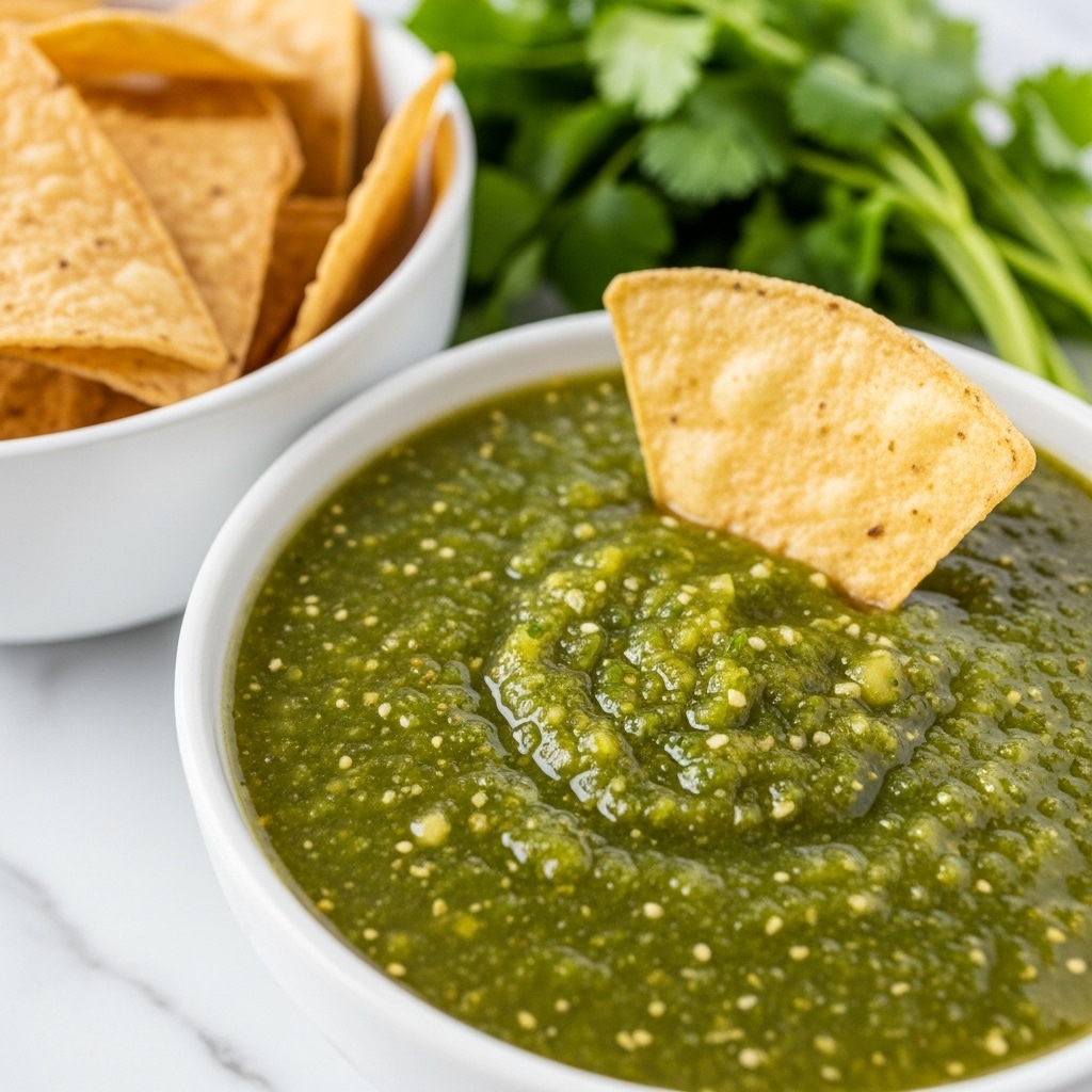 A round bowl with a light brown rim holds a thick green salsa with visible small seeds and bits, filling the bowl almost to the top. A single large yellowish-brown tortilla chip is resting on the edge of the bowl, partially dipped in the salsa. To the upper left, a white bowl is filled with more yellowish-brown triangular tortilla chips. In the background, slightly blurred, is a bunch of fresh green cilantro leaves resting on a white marbled surface. photo taken with an iphone --ar 4:5 --v 7