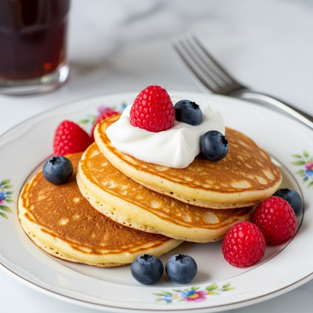 A white plate holds three stacked, round pancakes with a golden-brown color and a slightly uneven, bubbly texture on top. On the upper pancake, there's a dollop of white whipped cream in the center. Around the pancakes, there are fresh blueberries and bright red raspberries scattered evenly over and around the stack, adding pops of color. The scene is set on a white marbled surface with a blurred glass and fork visible in the background. Photo taken with an iphone --ar 4:5 --v 7