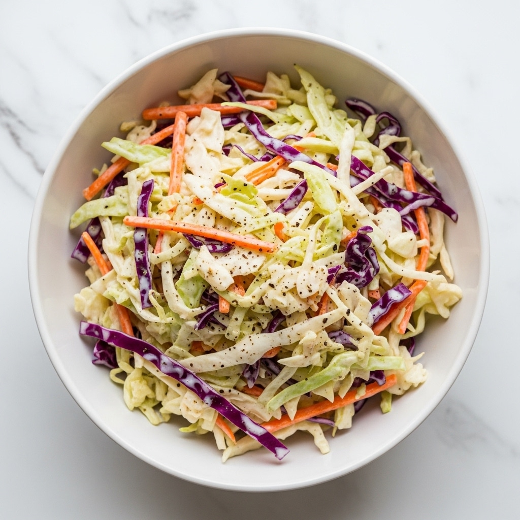 A close-up view of a white bowl filled with creamy coleslaw, showing three main layers: shredded white cabbage with a smooth, creamy texture tops the mixture, followed by thin strips of purple cabbage adding spots of purple color, and small pieces of orange carrot scattered throughout for contrast; all ingredients are coated evenly with a thick, light-colored dressing that has tiny black specks of pepper. The bowl sits on a white marbled surface. photo taken with an iphone --ar 4:5 --v 7