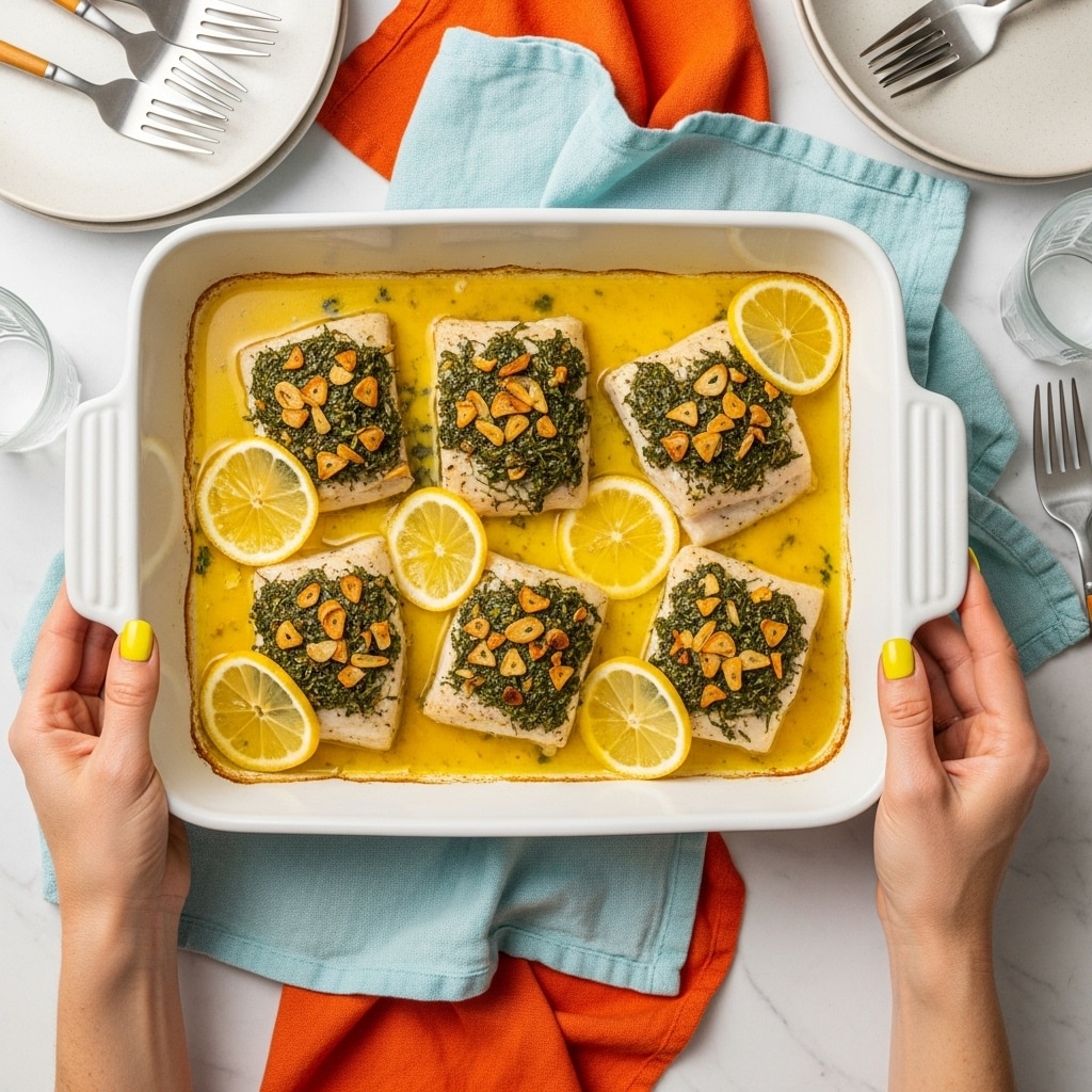A white rectangular baking dish holds six pieces of cooked fish topped with a mix of chopped garlic and green herbs, all sitting in a bright yellow buttery sauce. Thin lemon slices are placed evenly on and between the fish pieces, adding a fresh touch. The fish looks tender and slightly browned around the edges. A woman's hands with bright yellow nail polish hold the dish from both sides. The dish is set on an orange cloth with a light blue cloth nearby and some plates and glasses around the edges, all over a white marbled surface. photo taken with an iphone --ar 4:5 --v 7
