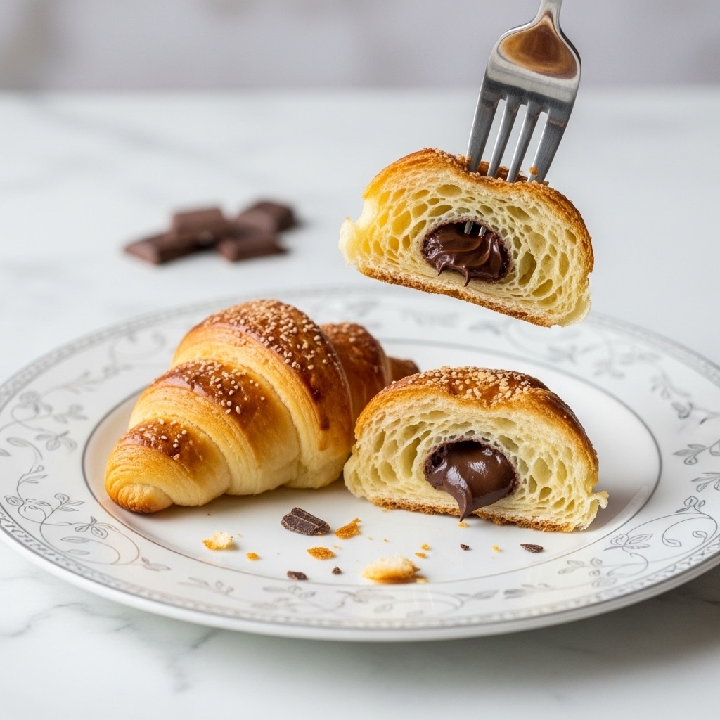 A white plate with a delicate floral gray pattern holds two small, golden-brown croissants. One croissant is whole, featuring a flaky, crispy outer layer with glossy texture, while the other is cut in half showing a soft, light interior filled with dark chocolate. A silver fork rests on the plate, piercing the halved croissant. The plate is set on a white marbled surface with a blurred background that includes a dark drink in a glass. Photo taken with an iphone --ar 4:5 --v 7