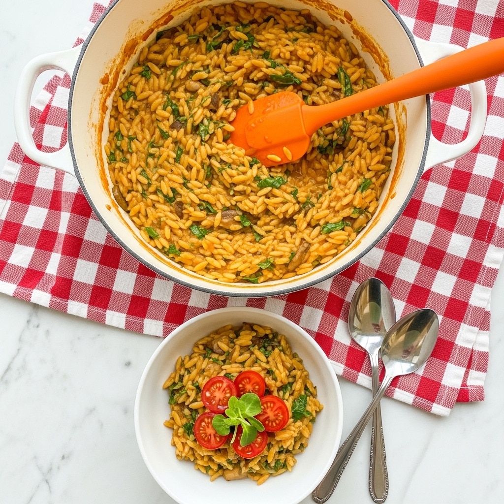 The image shows a pot filled with a cooked rice dish, with grains of rice mixed with pieces of vegetables and herbs in a thick orange-brown sauce, and a bright orange spatula partially immersed on the right side. Next to the pot is a small white square bowl holding a serving of the same rice dish, garnished with halved cherry tomatoes and a small green herb on top. The pot and bowl are placed on a white marbled surface covered partly by a white cloth with red grid lines. Two shiny spoons rest on the cloth near the pot. photo taken with an iphone --ar 4:5 --v 7