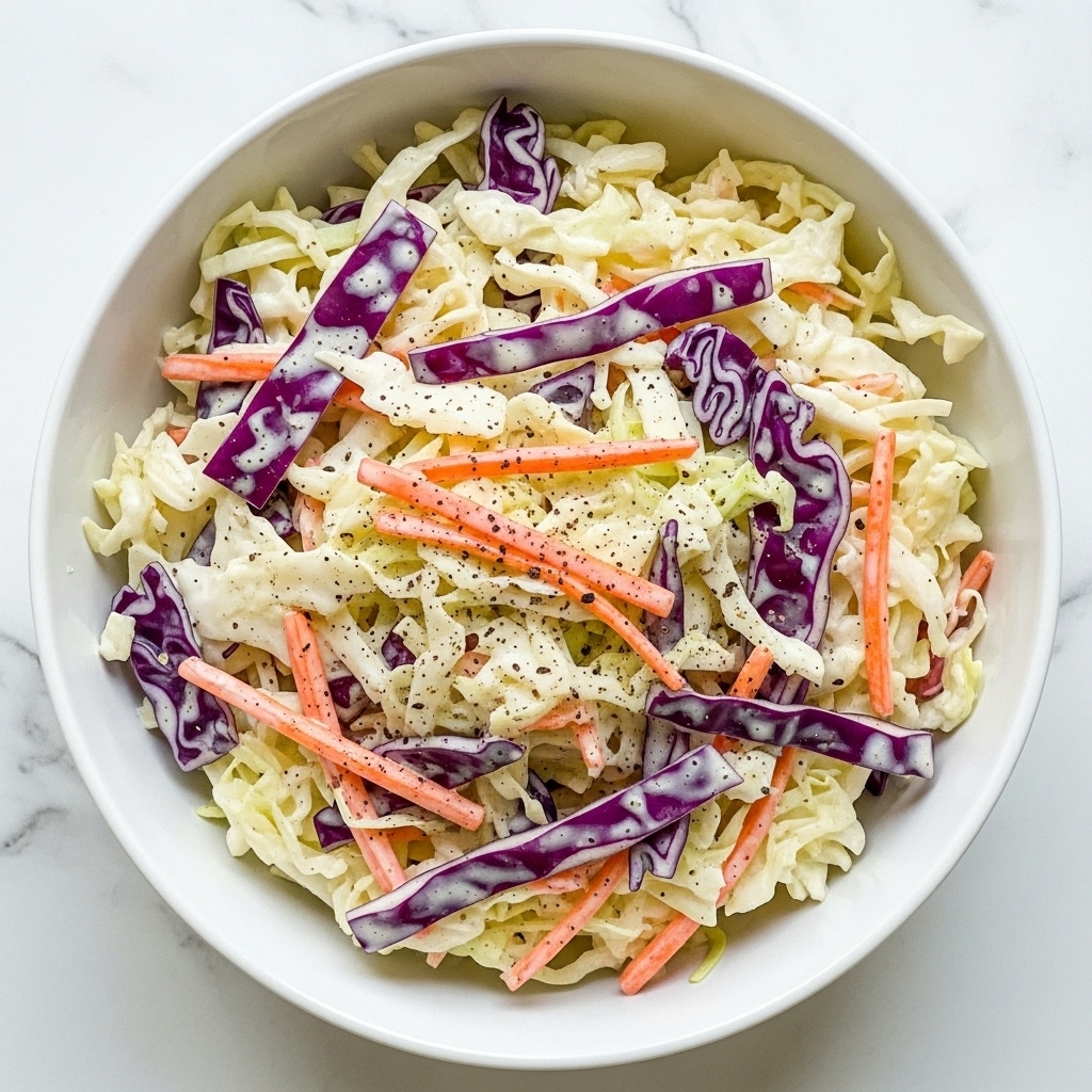 A white bowl filled with creamy coleslaw showing three main layers: the base has shredded white cabbage with a soft, smooth texture, mixed with an even layer of thin orange carrot strips, and scattered pieces of purple cabbage add color contrast. The creamy dressing coats all the vegetables with a pale off-white color, giving it a glossy, wet texture. Black pepper flakes are lightly sprinkled on the surface, adding small dark spots. The bowl sits on a white marbled texture surface. photo taken with an iphone --ar 4:5 --v 7