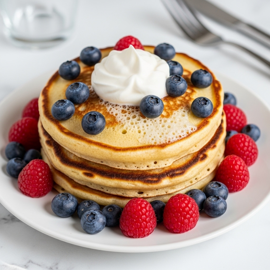 The image shows three golden-brown pancakes stacked slightly overlapping on a white plate with a floral pattern. On top of the pancakes, there is a dollop of white whipped cream placed near the center. Scattered around and on top of the pancakes are a few bright red raspberries and dark blue blueberries, adding vibrant color contrast. In the background, there is a blurred glass of dark liquid and a silver fork resting on a white marbled surface. photo taken with an iphone --ar 4:5 --v 7