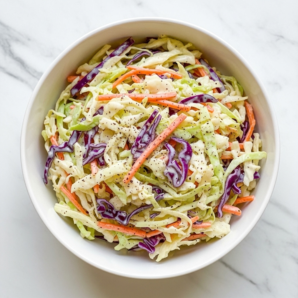 A white bowl filled with creamy coleslaw is placed on a white marbled surface. The coleslaw has a mix of shredded cabbage layers in white, light green, and purple colors, along with thin strips of orange carrot. The texture looks creamy and smooth from the dressing covering the vegetables. Small black pepper specks are visible scattered on the surface. Photo taken with an iphone --ar 4:5 --v 7