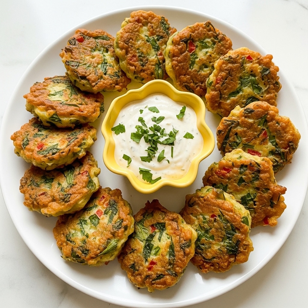 A large white plate with a round shape holds ten golden-brown fritters arranged in a circle. The fritters have a crispy texture with visible small green and red bits. In the middle of the plate, there is a small yellow bowl filled with white sauce, and a few small green herbs are sprinkled on top of the sauce. The plate is placed on a white marbled surface, and the overall look is warm and inviting. photo taken with an iphone --ar 4:5 --v 7