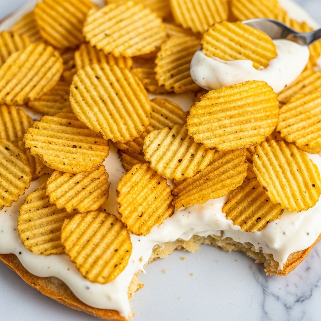 The image shows a close-up of a dish with a creamy, thick white cheese sauce layer in the center, covered with crispy, golden-yellow ridged potato chips evenly spread on top. The texture of the cheese sauce is smooth and slightly glossy, while the potato chips add a crunchy, ridged contrast with specks of seasoning visible on some chips. The dish is placed on a surface with a white marbled texture, and a spoon is partially visible on the top right corner, scooping some of the creamy layer. photo taken with an iphone --ar 4:5 --v 7