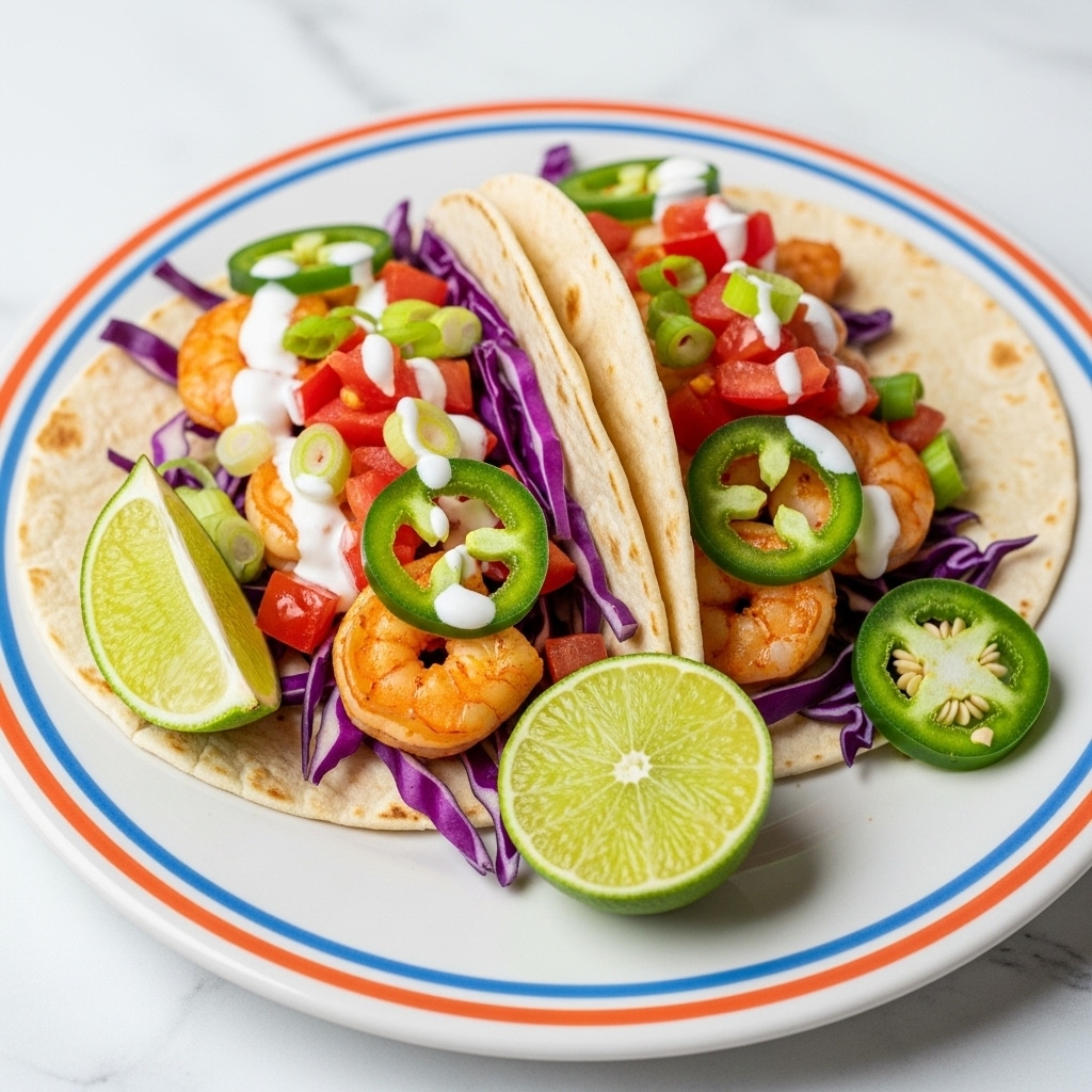 Two soft flour tacos are placed side by side on a white plate with colorful stripes around the edge, sitting on a white marbled surface. Each taco contains several layers starting with cooked shrimp at the bottom, showing an orange-pink color and slightly textured surface. Above the shrimp are red diced tomatoes mixed with green chopped celery, followed by thick slices of bright purple cabbage placed on top. Thin slices of green jalapeño peppers are positioned towards the back of the tacos. White creamy sauce is drizzled over each taco in thin lines. A wedge of lime, pale green and cut in half, rests on the plate in front of the tacos. Photo taken with an iphone --ar 4:5 --v 7