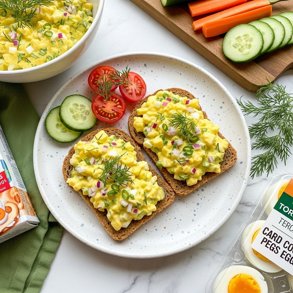 The image shows two rectangular pieces of brown crispbread placed side by side on a white plate with tiny speckles, each topped with a chunky, creamy yellow egg salad mixed with small bits of green and red, garnished with sprigs of fresh dill. To the upper left of the crispbreads are two cucumber slices and two halved cherry tomatoes, with a small dill leaf on one cucumber slice. The plate sits on a white marbled surface, next to a green cloth napkin on the left, a packet of hard-cooked peeled eggs toward the top left, a small white bowl filled with the same egg salad garnished with dill on the bottom right, and a wooden cutting board with sliced cucumbers and a carrot partially visible on the right. photo taken with an iphone --ar 4:5 --v 7
