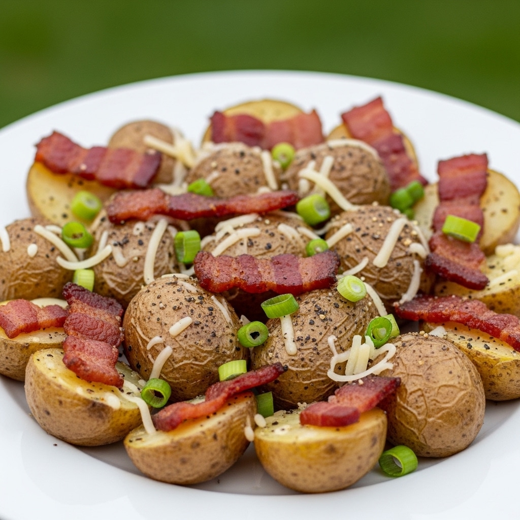 A white plate holds a pile of roasted baby potatoes, cut in halves and quarters with golden brown, crispy skins and soft creamy insides. Scattered on top are crunchy pieces of reddish-brown bacon and small green slices of fresh herbs. The potatoes are sprinkled with coarse black pepper and grated pale yellow cheese. The plate rests on a white marbled surface with grass blurred in the background. photo taken with an iphone --ar 4:5 --v 7