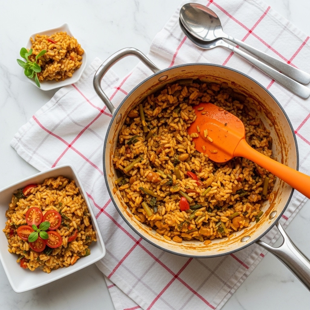 The image shows a white pot filled with a cooked risotto-like dish made of orzo pasta mixed with small green herbs and pieces of mushrooms, all coated in a rich, slightly orange-tinted sauce with a soft, creamy texture. A bright orange spatula is partially immersed in the pot. Below the pot, there is a white bowl holding a small serving of the same orzo dish, topped with a few halved cherry tomatoes and a small green herb garnish on top. The pot and bowl are placed on a red and white checkered cloth, which rests on a white marbled surface, and two silver spoons lie beside the cloth. Photo taken with an iphone --ar 4:5 --v 7