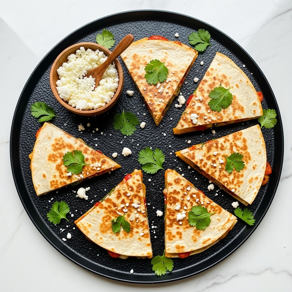 The image shows five triangular pieces of quesadilla arranged on a large round dark metal tray with a wood spoon and small wooden bowl filled with white crumbly cheese on the side. Each quesadilla has two golden brown toasted tortilla layers with a visible filling of melted cheese, red bell peppers, and possibly green herbs. The top is sprinkled with more white crumbly cheese and small green cilantro leaves on some pieces. The tray sits on a white marbled surface. photo taken with an iphone --ar 4:5 --v 7