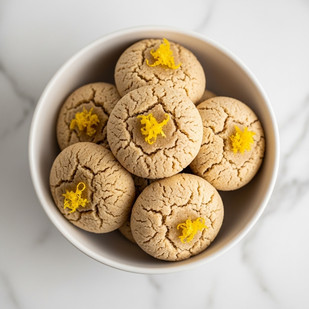 A small white bowl filled with five round, light golden cookie balls stacked loosely, each cookie having a slightly cracked surface texture and small bright yellow zest sprinkled on top, all placed on a white marbled surface. photo taken with an iphone --ar 4:5 --v 7