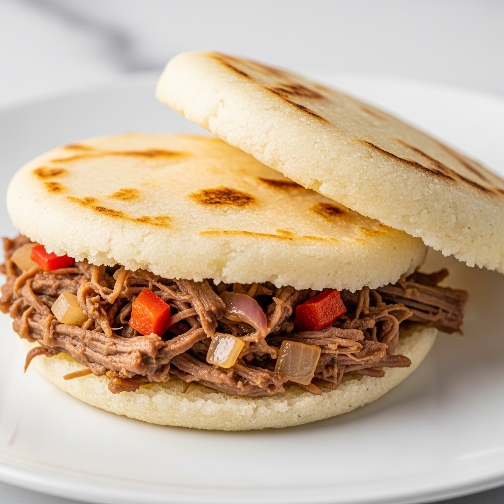 A close-up of a stuffed arepa on a white plate with a white marbled background, showing two halves; the top layer is a light golden grilled corn dough with a soft and slightly crumbly texture, while the bottom layer matches the top in color and texture. Between the arepa halves is a thick layer of shredded meat cooked with small pieces of red bell pepper and lightly cooked onions, giving a rich brown color with hints of red and translucent white. The meat looks juicy and tender with visible strands and bits of sauce soaking slightly into the arepa. Photo taken with an iphone --ar 4:5 --v 7