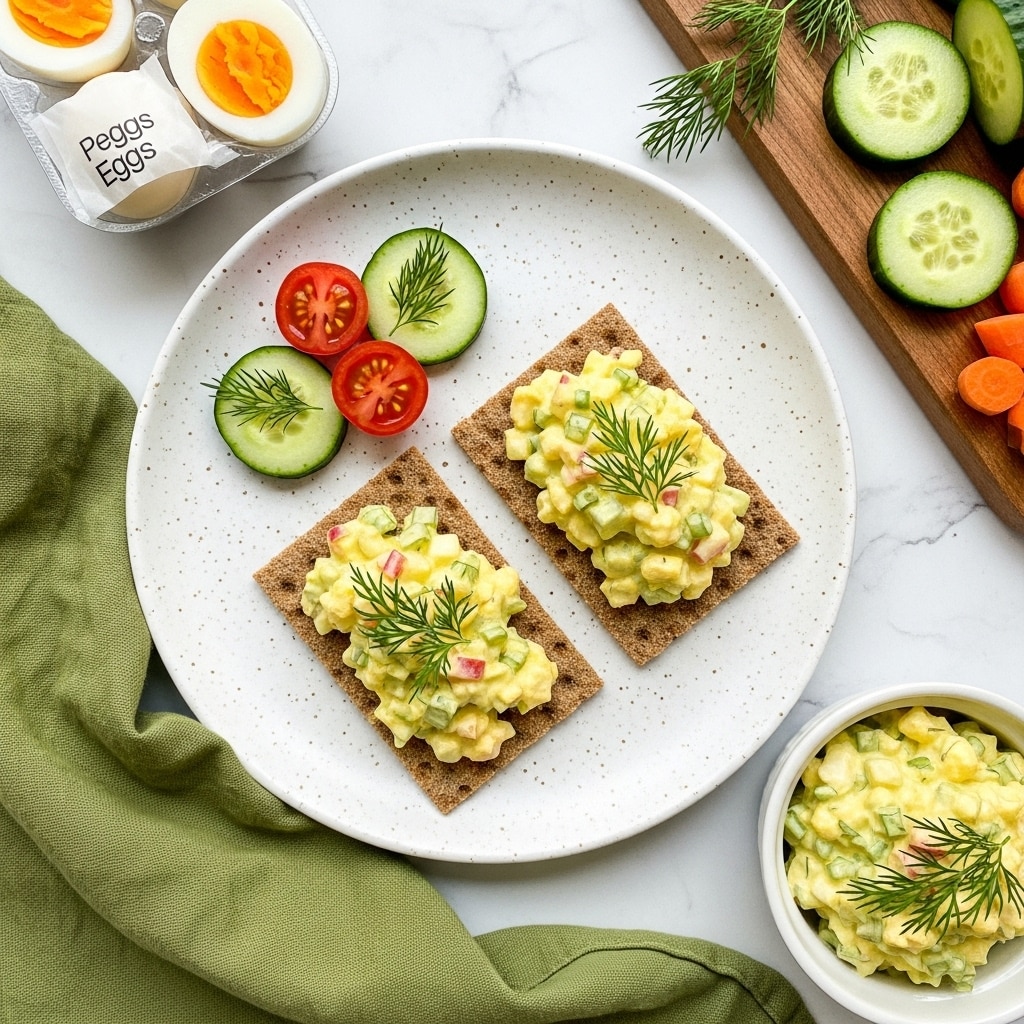 Two rectangular pieces of brown bread form the base, each topped with a thick, creamy layer of yellow egg salad mixed with finely chopped bits of red onion and green herbs, sprinkled with a few small sprigs of fresh dill. To the upper left of the bread on the plate are two green cucumber slices and two bright red cherry tomato halves, also garnished with a small dill sprig. The plate is white with light speckled details and sits on a white marbled surface. Nearby, there is a bowl filled with more egg salad garnished with dill, a wooden board with cucumber and carrot slices, a green cloth napkin, and a partially visible package of hard-cooked peeled eggs. photo taken with an iphone --ar 4:5 --v 7