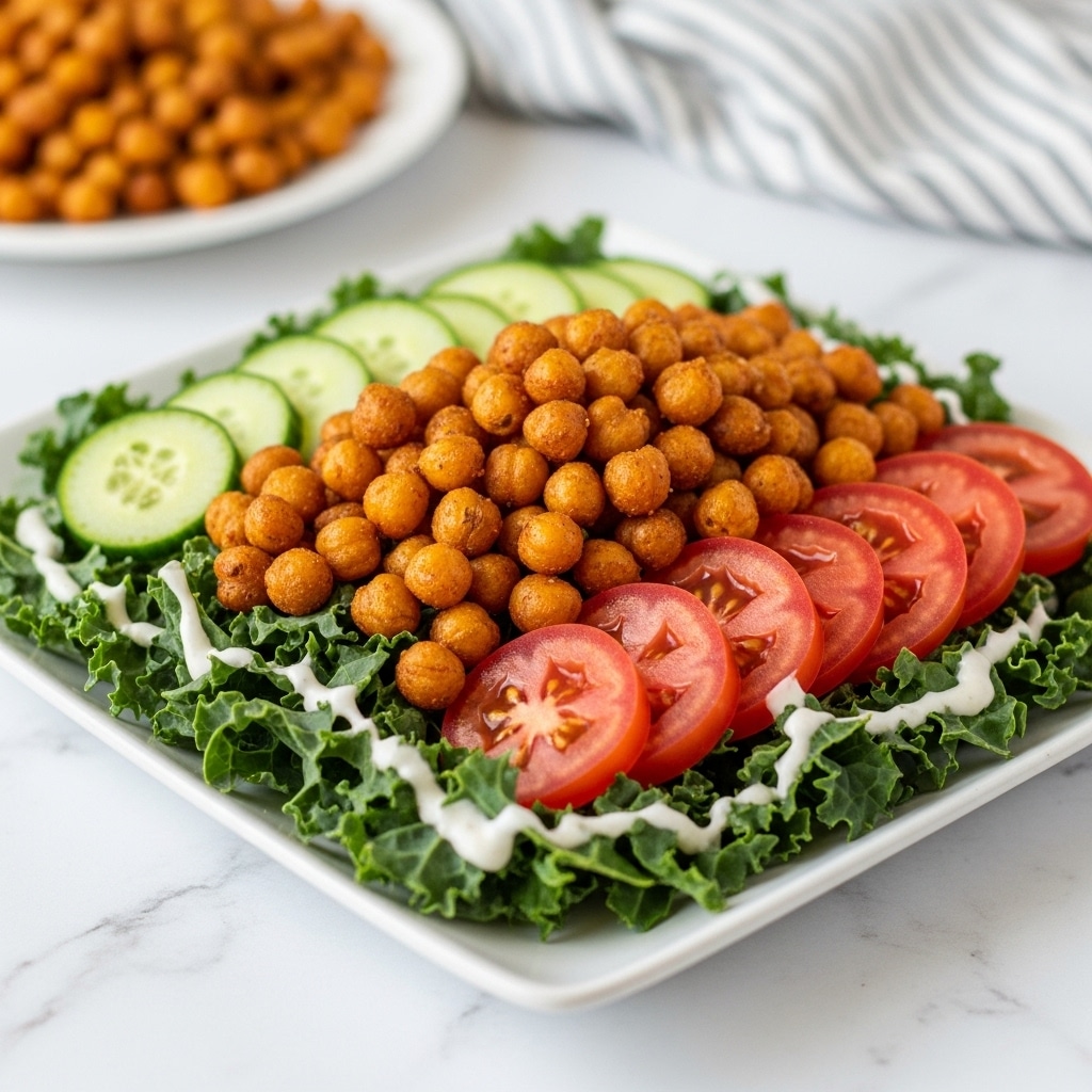 A white square plate holds a fresh salad with three main layers: the base layer is made of dark green kale leaves coated in creamy white dressing, the middle layer has thick slices of light green cucumber placed on one side and a few small chunks of white cheese scattered within the kale, and the top layer is a generous pile of golden brown crispy chickpeas in the center. On one edge of the plate, there are three bright red tomato slices adding a splash of color. The plate rests on a white marbled surface with a blurred background showing a similarly white plate with more chickpeas and some red tomatoes. photo taken with an iphone --ar 4:5 --v 7