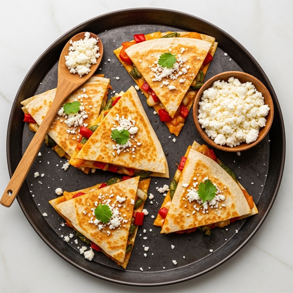 The image shows a round black textured tray with six triangular quesadilla pieces arranged on it, each piece showing a golden-brown crispy tortilla with spotted darker grill marks. Inside, some melted cheese and red and green vegetables peek out. The quesadilla is sprinkled with white crumbled cheese, scattered on the tray as well, garnished with fresh green cilantro leaves on top and around. A small round wooden bowl filled with more white crumbled cheese sits near the upper left part of the tray, next to a small wooden spoon. The tray rests on a white marbled surface. photo taken with an iphone --ar 4:5 --v 7