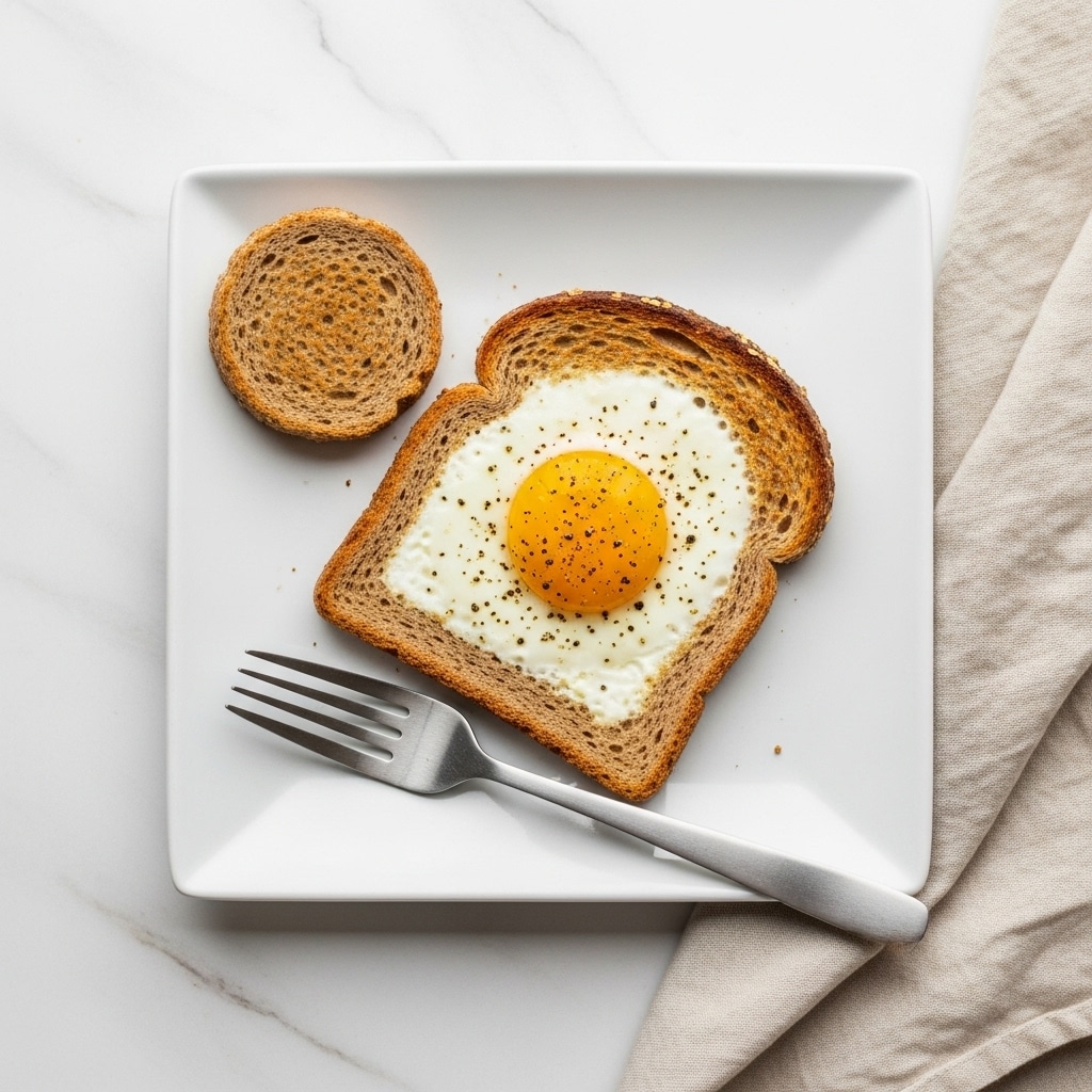 The image shows a white square plate with a simple breakfast. On the plate, there is one slice of toasted brown bread with a fried egg cooked inside the slice's cut-out center, with the egg white slightly browned and the yolk mostly cooked through. Next to the toast, there is the round piece of bread that was cut out, also toasted to a golden brown color. A silver fork rests on the plate below the toast. The plate sits on a white marbled surface with a beige cloth and a woven mat nearby. Photo taken with an iphone --ar 4:5 --v 7