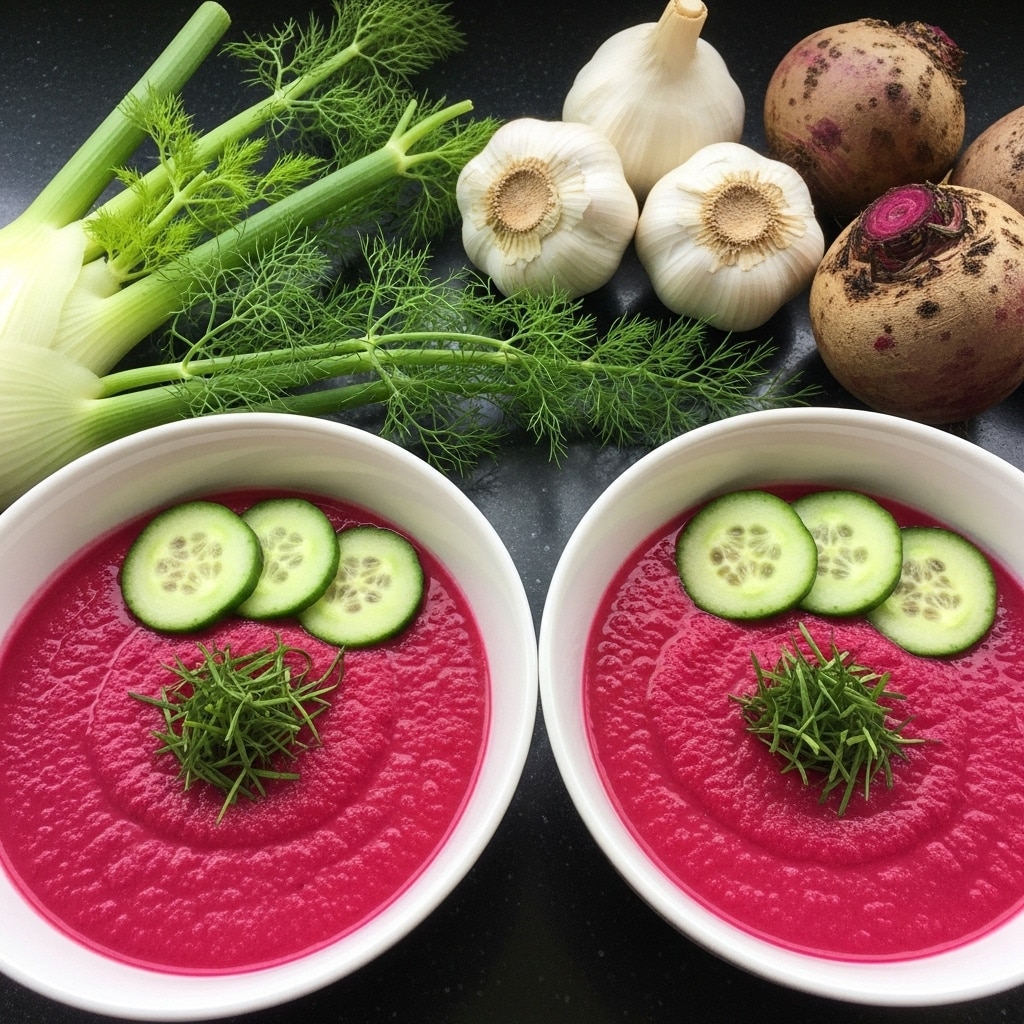 Two white bowls filled with a smooth, deep pink soup are placed on a white marbled surface. Each bowl shows a rich, creamy layer of bright pink soup topped with a cluster of thin, round cucumber slices arranged in a curved line near the center. On top of the cucumber slices, there is a dollop of thick, green pesto-like sauce with a textured surface, and some fresh green dill fronds spread around it. In the background, fresh fennel bulbs with green stalks lie to the left, and garlic bulbs, leafy greens, and a beetroots are blurred out on the right side. The overall lighting is soft and natural, highlighting the colorful soup layers and fresh ingredients. photo taken with an iphone --ar 4:5 --v 7