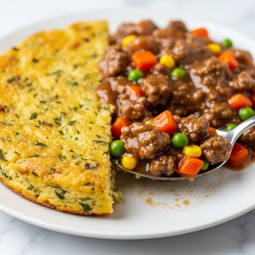 The image shows a white plate with a two-layered dish. The bottom layer is a thick, brown meat mixture with visible chunks of carrot, peas, and corn, giving it spots of orange, green, and yellow colors. The top layer is a creamy, light yellow mashed potato crust that is slightly browned with some green herb bits sprinkled on it. A silver spoon is scooping the meat mixture from the plate, and part of a woman's hand holding the spoon is visible. The plate is on a white marbled textured surface with a blue cloth beneath it. Photo taken with an iphone --ar 4:5 --v 7