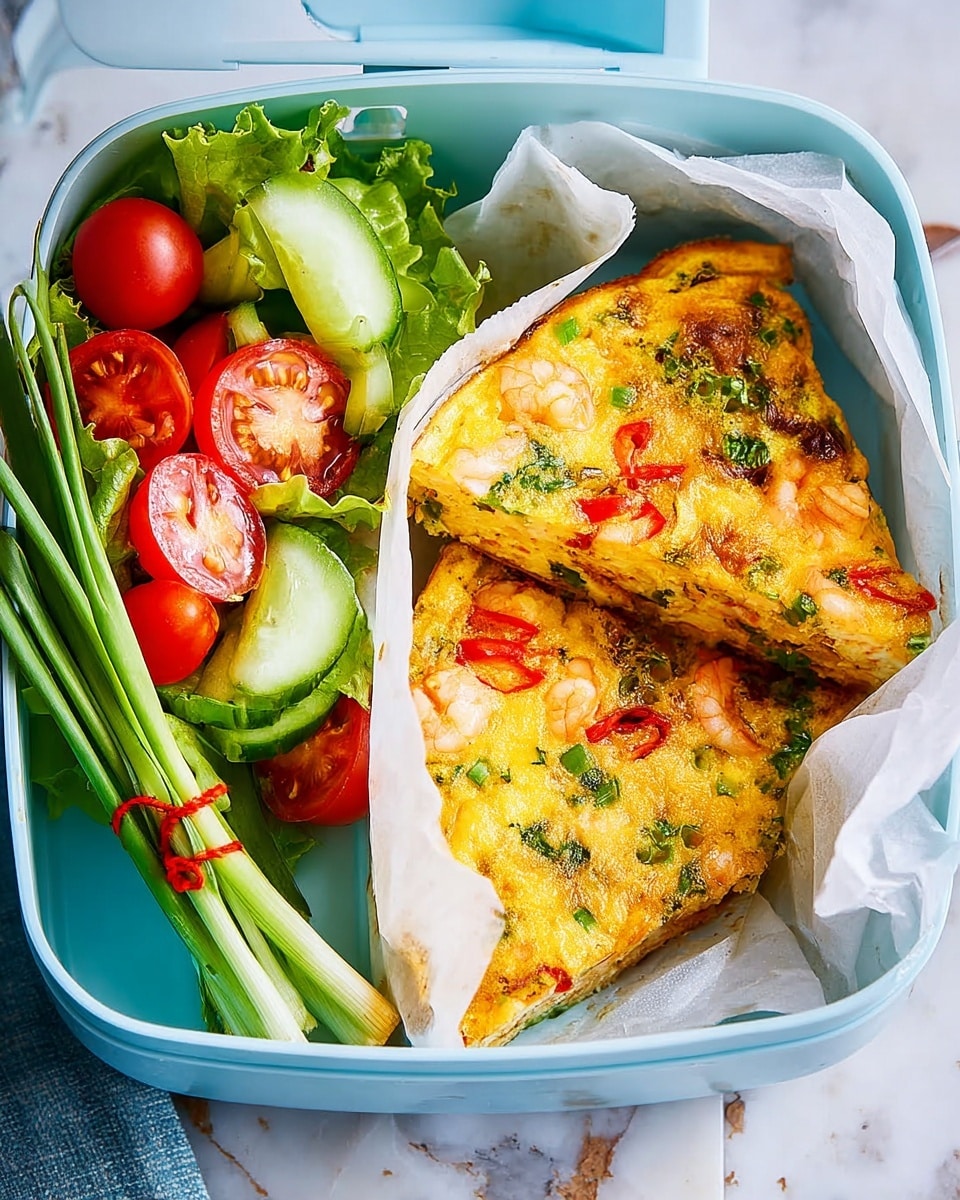 The image shows a white container lined with crinkled white parchment paper holding two thick slices of a frittata, each slice layered with a golden yellow egg base mixed with chunks of red bell pepper and green pesto spread on part of the top surfaces. Visible inside the frittata are small pink shrimp pieces and bits of melted cheese. Beside the frittata slices is a fresh salad made with bright green lettuce leaves, sliced cucumbers, halved cherry tomatoes, and thin red pepper strips. A few long green onions stick out from the top left corner. The container is placed on a white marbled surface, and a pale blue lid rests partly open at the top right. photo taken with an iphone --ar 4:5 --v 7