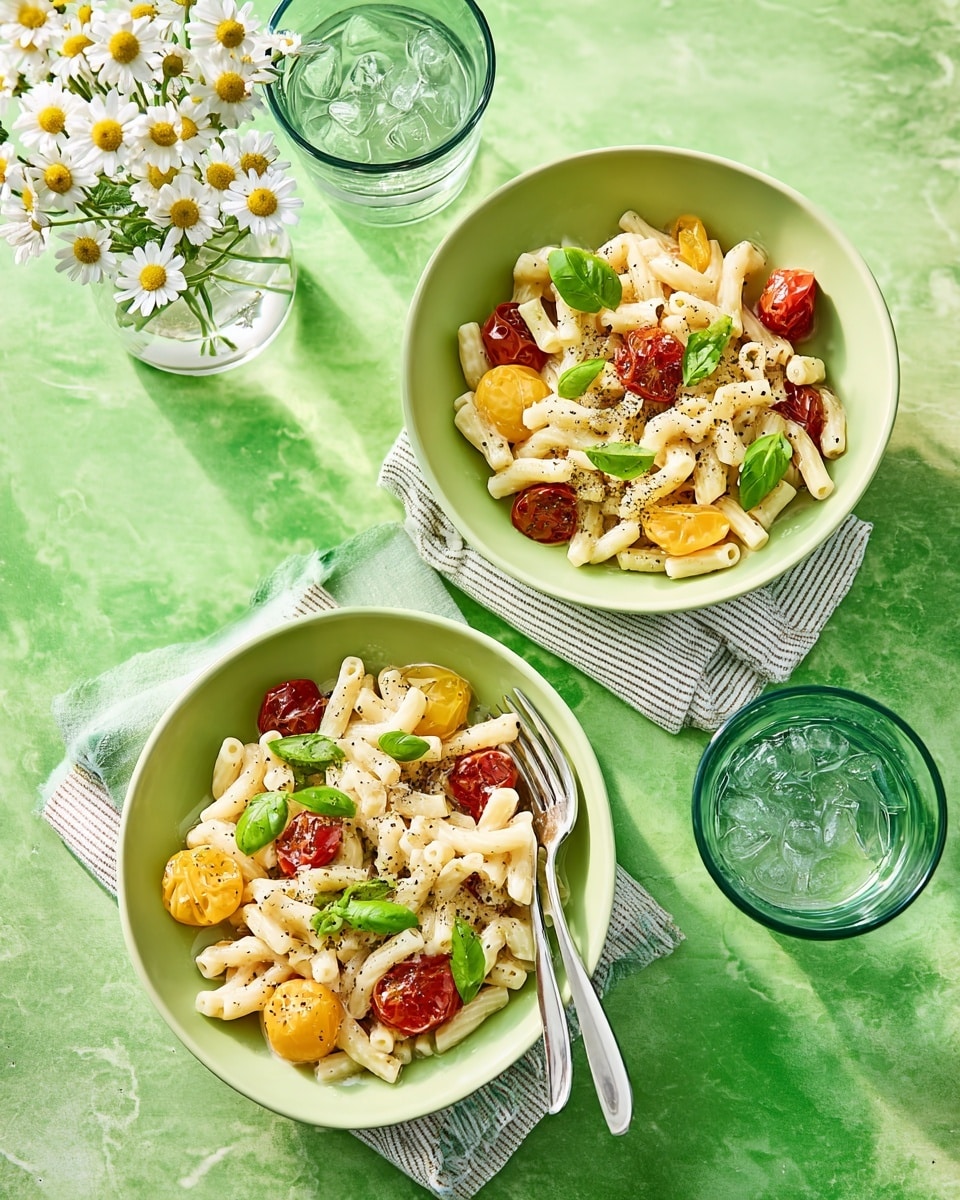 Two bowls of creamy pasta are shown on a white marbled surface with a bright green textured cloth underneath. Each bowl has a layer of pale yellow pasta tubes mixed with halved roasted cherry tomatoes that are red and slightly browned, and fresh green basil leaves sprinkled on top. The pasta has a smooth creamy sauce and some black pepper specks. One bowl has a silver spoon inside, and the other has a fork lying beside it on a light green and white striped cloth. There is a glass of clear water with ice beside each bowl, and a white vase with small white and yellow flowers adds a fresh touch. Photo taken with an iphone --ar 4:5 --v 7
