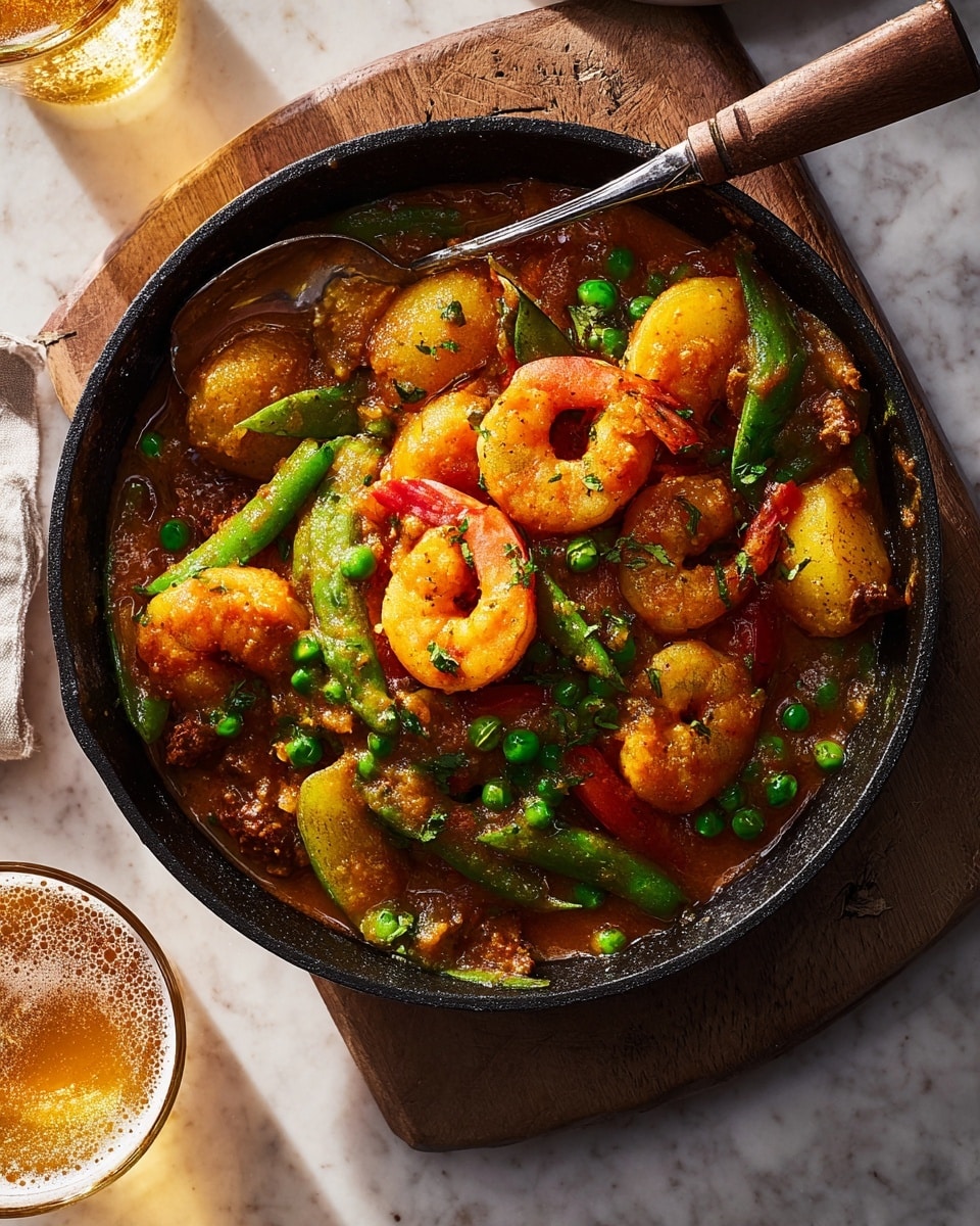 A round black cast iron pan filled with a colorful seafood stew rests on a wooden board over a white marbled texture. The dish has three main layers: large golden-brown shrimp scattered throughout, bright green snap peas and peas adding fresh green pops, and chunky golden-yellow potatoes mixed with red bell pepper pieces giving warm color. The stew sauce is rich and brownish with visible herbs and small pieces of onion. A metal spoon with a dark wooden handle is partly dipped into the stew on the right side. Sunlight casts soft highlights and shadows across the scene. Photo taken with an iphone --ar 4:5 --v 7