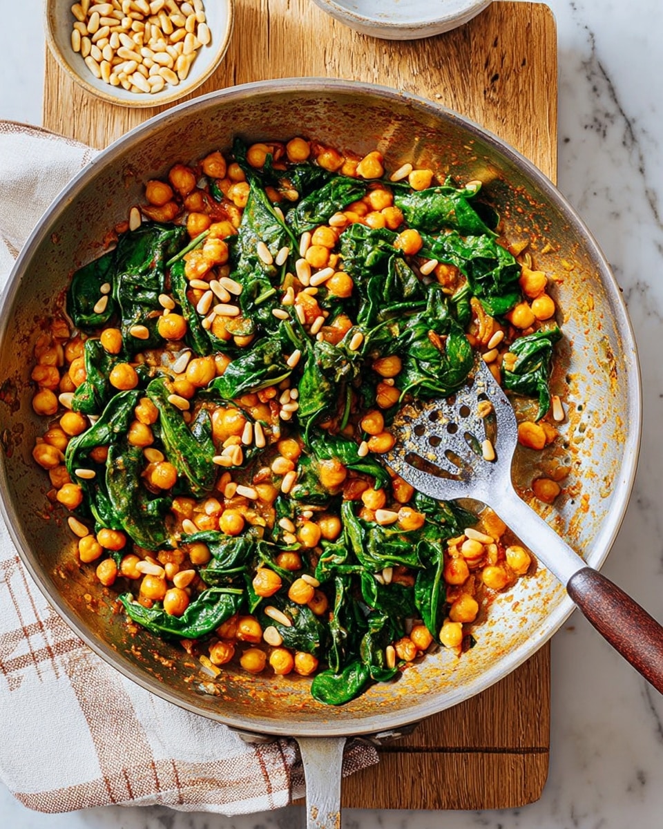 In the image, there is a silver pan filled with a colorful mixture of cooked chickpeas, bright green spinach leaves, and golden pine nuts scattered on top. The chickpeas are soft and light brown, mixed evenly with wilted spinach leaves that have a shiny texture. The pine nuts add small, pale yellow highlights across the dish. A silver slotted spoon lies inside the pan, partially covered by the food. The pan is placed on a wooden board which rests on a white marbled surface with a light-colored checked cloth nearby. Photo taken with an iphone --ar 4:5 --v 7