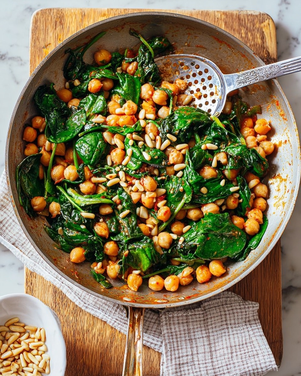 A large silver pan holds a cooked mix of three main layers: a bottom layer of cooked chickpeas with a warm golden orange color, a middle layer of fresh wilted dark green spinach leaves, and a top layer of scattered light tan pine nuts. The pan has light food residue on its sides. A silver slotted spatula with a brown handle rests inside the pan, partly covered by the food. The pan sits on a wooden board over a white marbled surface with a folded light beige and white checkered cloth nearby. Few loose pine nuts are placed next to the pan on the board. Photo taken with an iphone --ar 4:5 --v 7