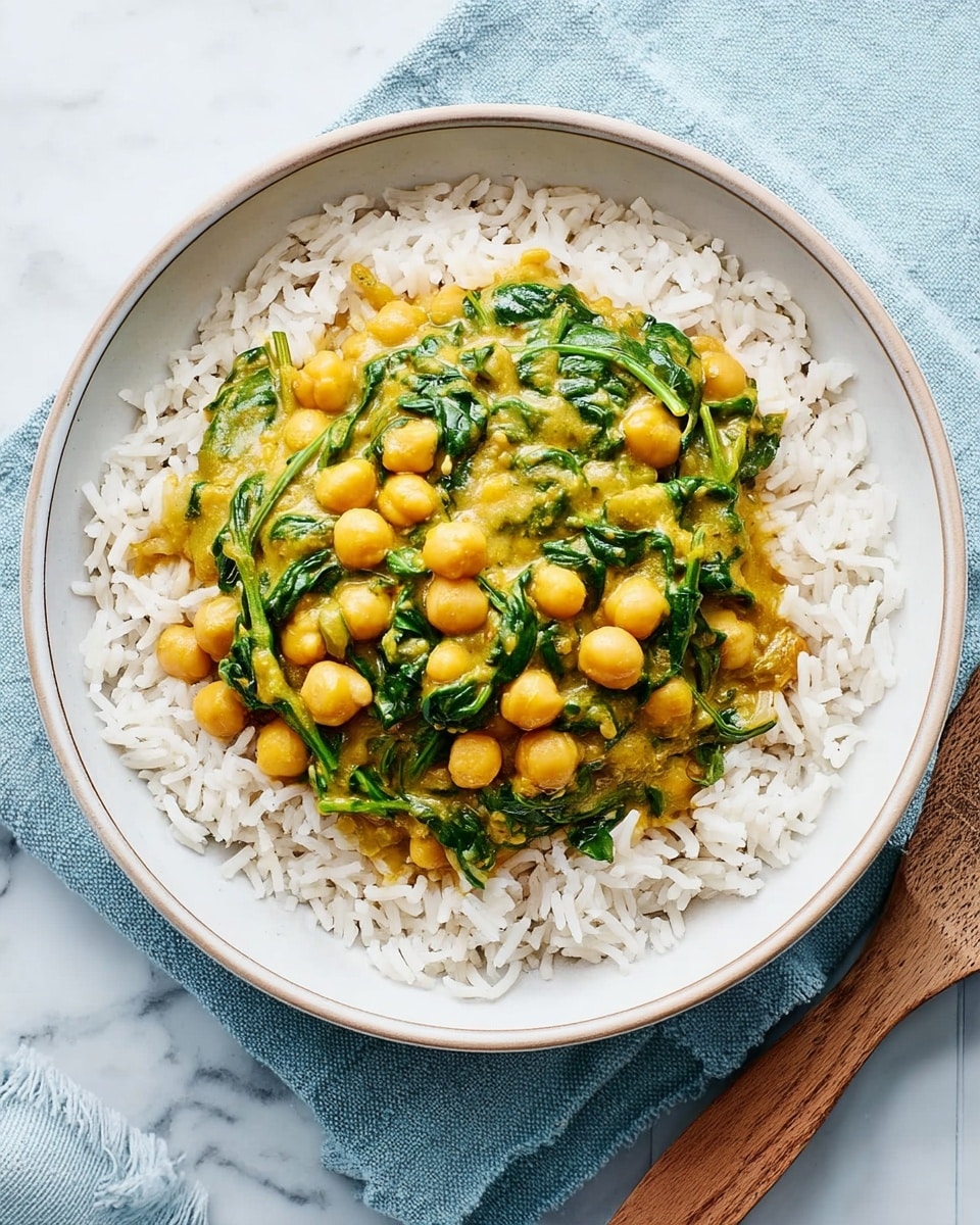 A white bowl filled with a layer of fluffy white rice at the bottom, topped with a colorful chickpea curry mixed with bright green spinach leaves. The curry has a creamy yellow sauce coating the round chickpeas and chopped spinach, creating a mix of soft textures. The bowl sits on a soft blue cloth and a white marbled surface is around it. A wooden chopstick rests near the bowl on the right side. photo taken with an iphone --ar 4:5 --v 7