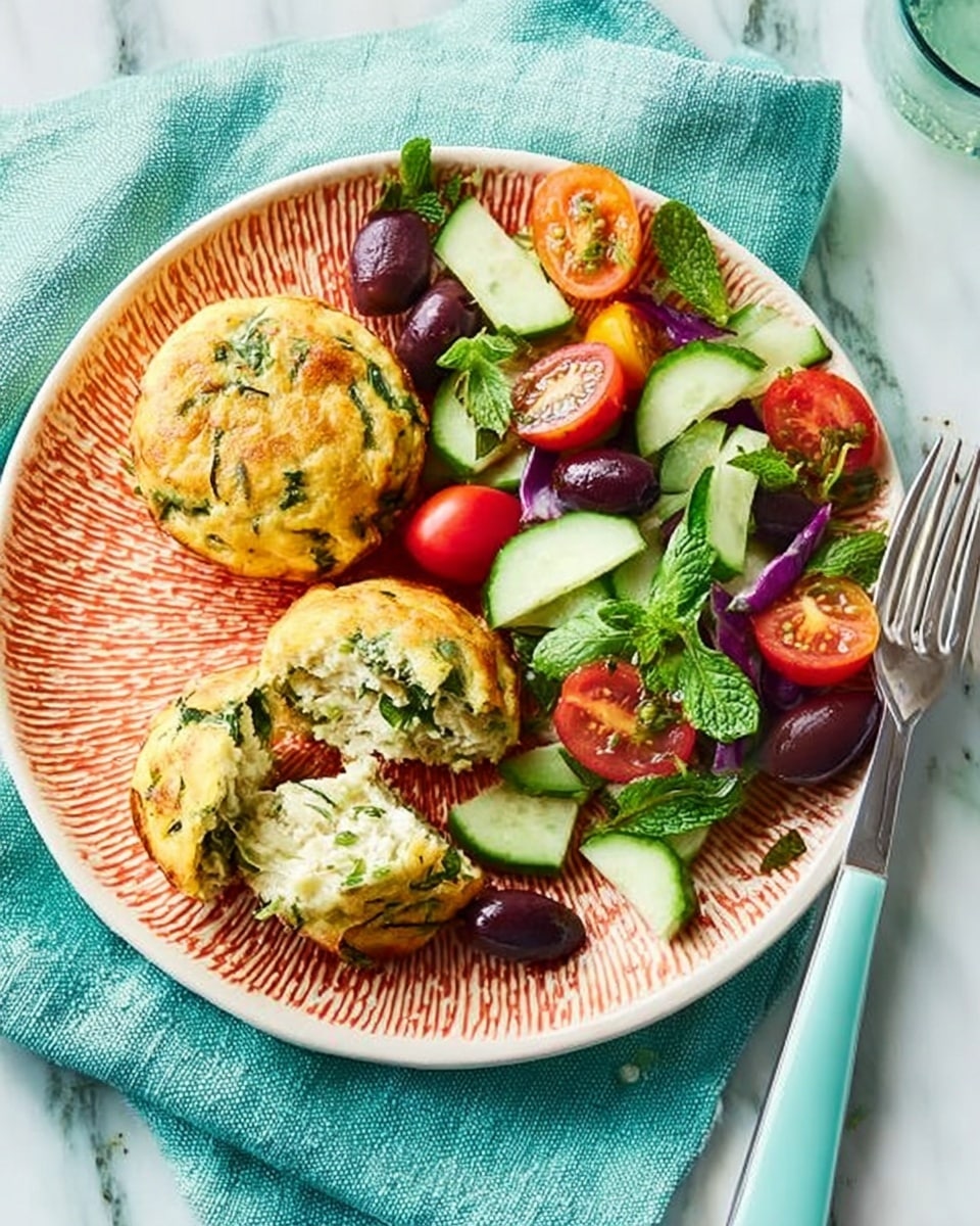 The image shows a white plate on a white marbled surface holding two golden-brown, round patties with a slightly rough texture, one of which is broken to reveal a soft, white inside with bits of green herbs. Next to the patties is a colorful salad made of bright red and yellow cherry tomatoes, green cucumber pieces, dark purple olives, chopped green herbs, and small white cheese crumbles, all mixed together with a fresh, juicy look. A silver fork with a turquoise handle lies on the right side of the plate, and a glass with a slice of lemon is seen in the top right corner. A folded blue cloth napkin is on the left side. The photo taken with an iphone --ar 4:5 --v 7