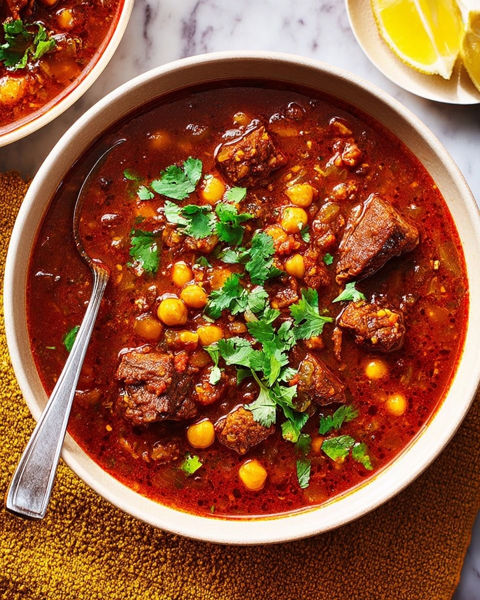 A white bowl filled with a thick, rich stew that has a deep red base made from tomatoes and spices. The stew contains chunks of brown meat, round yellow chickpeas, and small lentils, all mixed together with bits of diced vegetables. On top, there is a fresh layer of bright green cilantro leaves adding a pop of color. A silver spoon is resting inside the bowl, and the bowl sits on a white marbled textured surface next to a yellow cloth and a lemon wedge. photo taken with an iphone --ar 4:5 --v 7