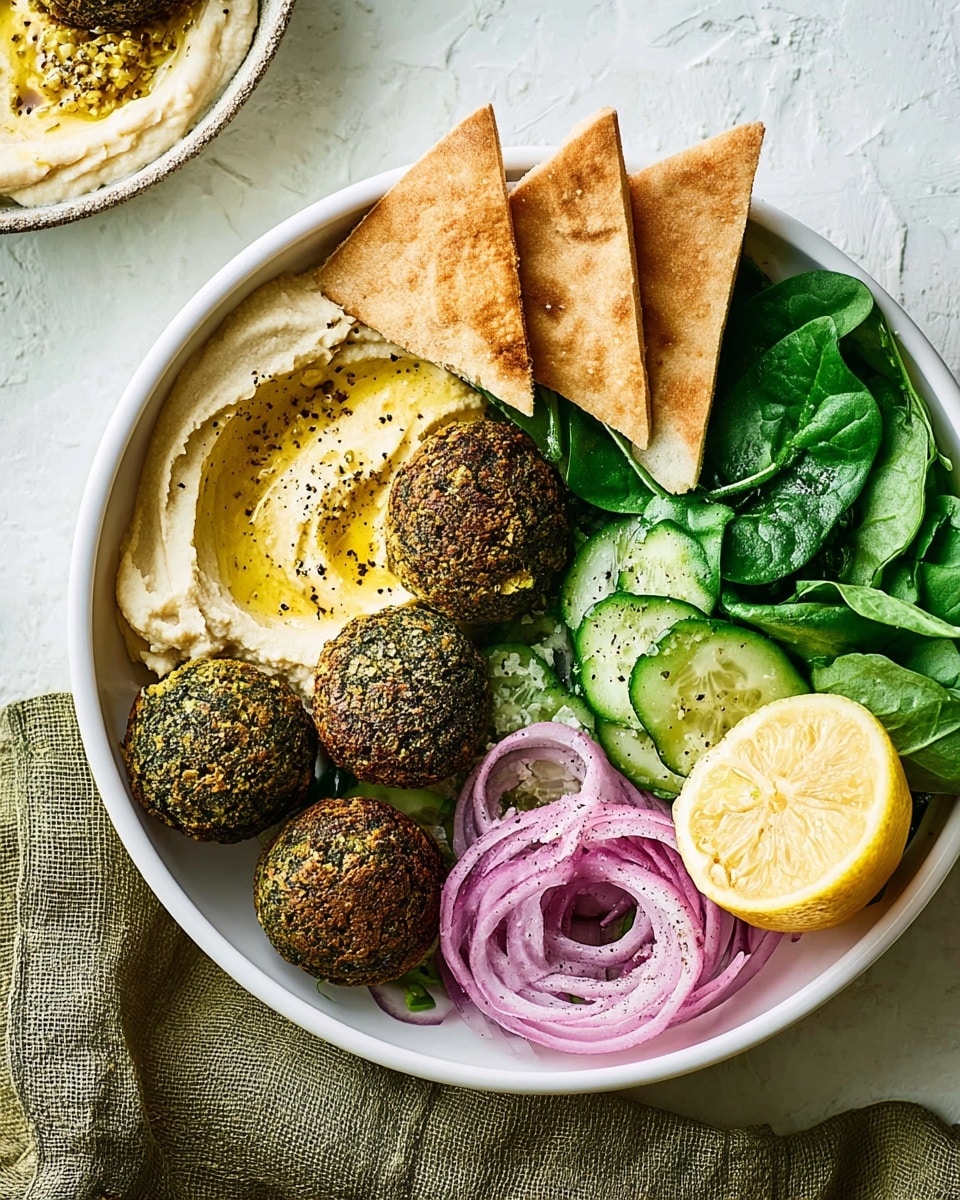 A white bowl sits on a white marbled surface, filled with five round, green falafel patties clustered on one side, showing a rough, coarse texture. Below them is a smooth, creamy layer of light beige hummus, drizzled with olive oil and sprinkled with black pepper. Next to the falafel are three triangular pieces of pita bread with a toasted, golden brown crust placed upright. On the right side of the bowl, there are fresh green baby spinach leaves and thinly sliced cucumber rounds with visible black pepper grains on top. Near the center are curved slices of red onion with white and purple layers. A bright yellow lemon half is placed on the very edge of the bowl. The setting includes a white cloth napkin next to the bowl. Photo taken with an iphone --ar 4:5 --v 7