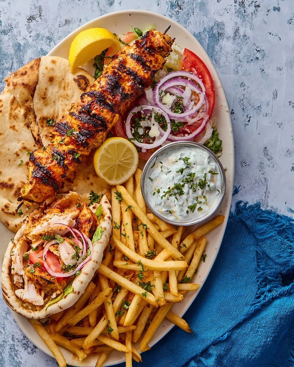A white oval plate on a white marbled surface holds a full meal featuring two pieces of soft, slightly charred flatbread; one topped with a long grilled skewer of reddish-brown chicken pieces with dark grill marks and two lemon wedges on top, the other flatbread folded and filled with grilled chicken strips, sliced tomatoes, and thinly sliced onions. Next to the flatbreads are golden, crispy French fries sprinkled with herbs and spices. A fresh salad made of sliced tomatoes, thinly sliced red onions, and green parsley leaves is placed beside the skewer. To the bottom right of the plate is a small bowl of creamy white tzatziki sauce garnished with chopped parsley. The plate sits partially on a blue striped cloth. Photo taken with an iphone --ar 4:5 --v 7