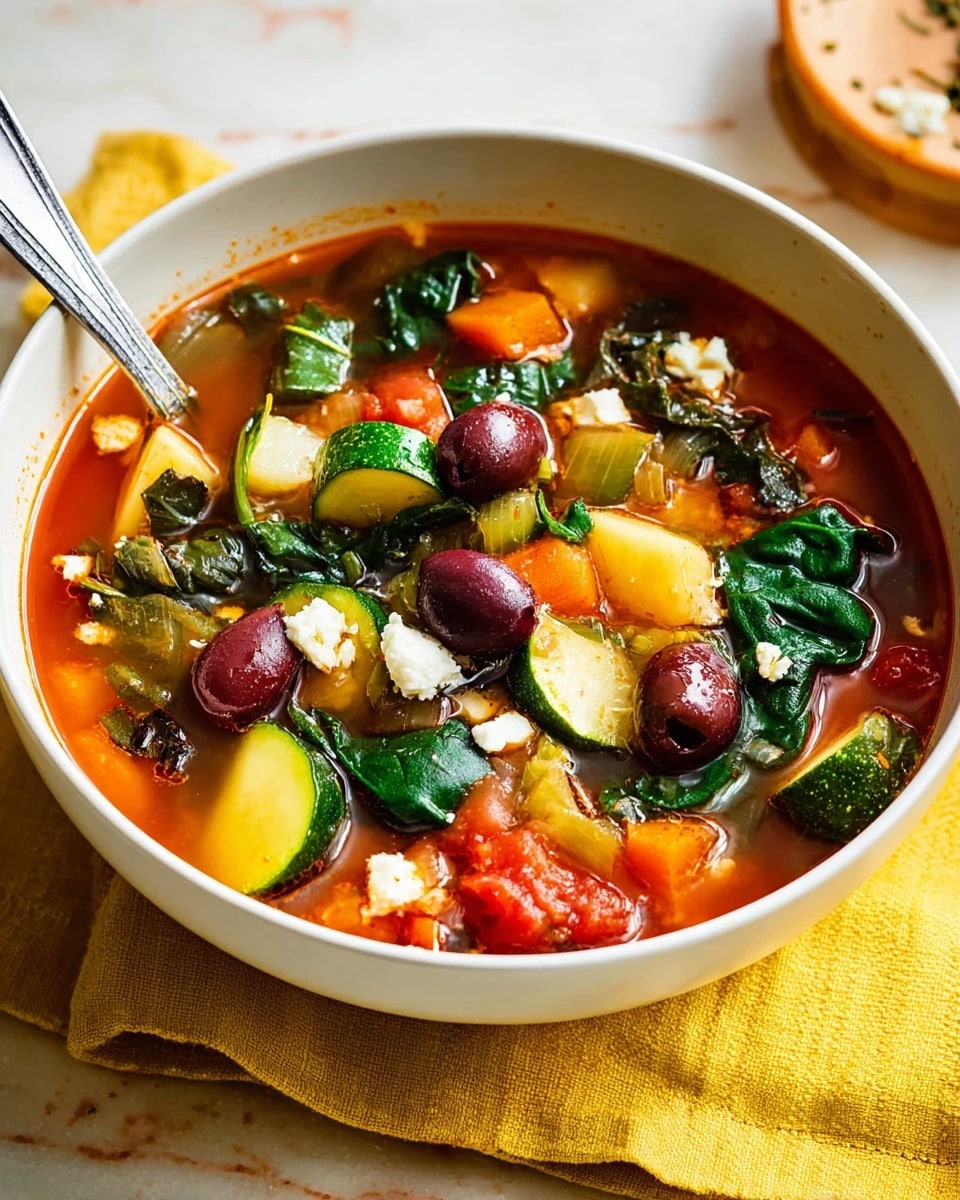 A white bowl filled with a bright red tomato-based soup containing several visible layers: at the bottom, small pasta shells and diced vegetables in orange and green hues; the middle layer showcases fresh green spinach leaves and chunks of zucchini with dark green skin and light green inside; the top layer includes black and green olives along with scattered white crumbled cheese pieces, giving a textured look. A silver spoon rests inside the bowl on the right side, and the bowl is placed on a soft yellow cloth over a white marbled surface. Photo taken with an iphone --ar 4:5 --v 7