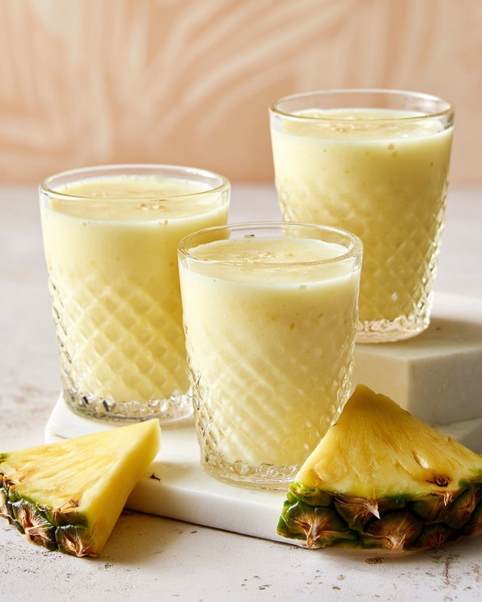Three clear glasses filled with frothy pale yellow pineapple smoothie are placed on a white marbled surface. Each glass shows a soft, creamy texture with tiny bubbles on the surface and a slightly thicker layer at the top. Two pieces of fresh pineapple wedge with a rough green and brown skin and light yellow flesh sit near the front glass on a white hexagonal coaster, while another pineapple wedge sits separately on the surface. The background is soft and blurred with a light beige color. photo taken with an iphone --ar 4:5 --v 7