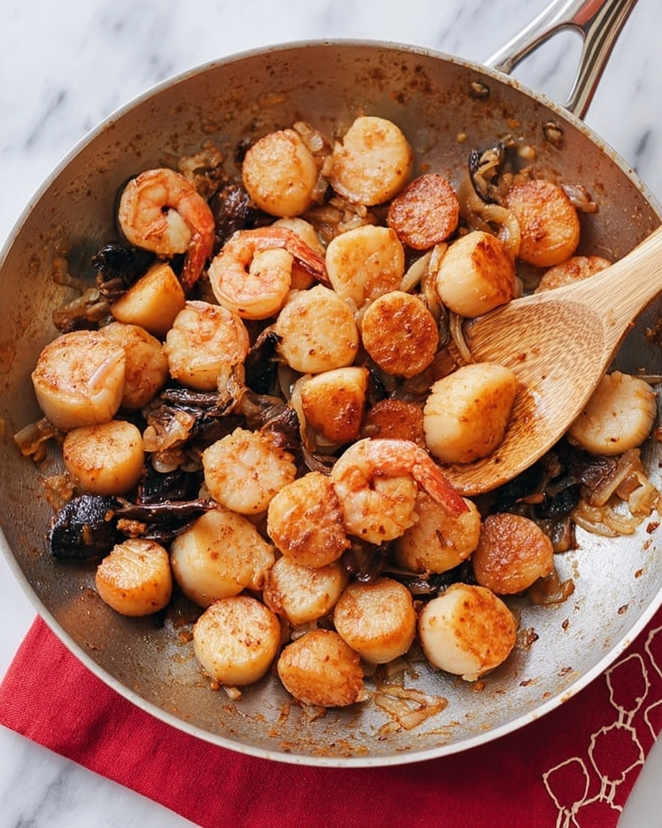 A close-up view of a large metal pan filled with cooked shrimp and small round potatoes mixed with dark olives and bits of garlic. The shrimp are pink-orange with a slight char, and the potatoes are golden-brown, showing a crispy texture. The pan sits on a white marbled surface with a white wooden spoon inside, stirring the food. The scene captures the rustic and hearty look of the dish with warm colors and a casual setting. Photo taken with an iphone --ar 4:5 --v 7