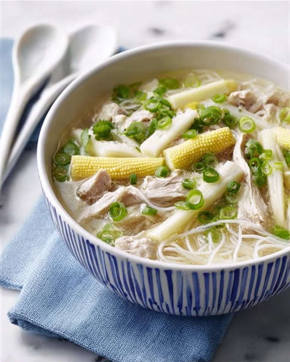 A white bowl with thin blue stripes around the outside holds a clear soup filled with small, pale baby corn pieces lying on top, soft white chunks of chicken, thin slices of light green spring onions scattered throughout, and some delicate, translucent noodles at the bottom. The bowl sits on a white marbled surface next to a white ceramic spoon and a blue cloth napkin. The photo taken with an iphone --ar 4:5 --v 7