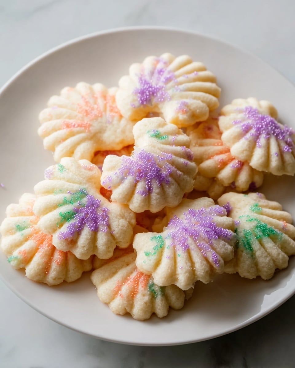 A white plate holds a ring of small, shell-shaped cookies with soft ivory color and ridged texture. Each cookie is sprinkled with pastel-colored sugar crystals in shades of purple, orange, and green, adding a light sparkle on the smooth surface. The cookies are stacked closely to form a wreath shape, placed on a white marbled surface. photo taken with an iphone --ar 4:5 --v 7