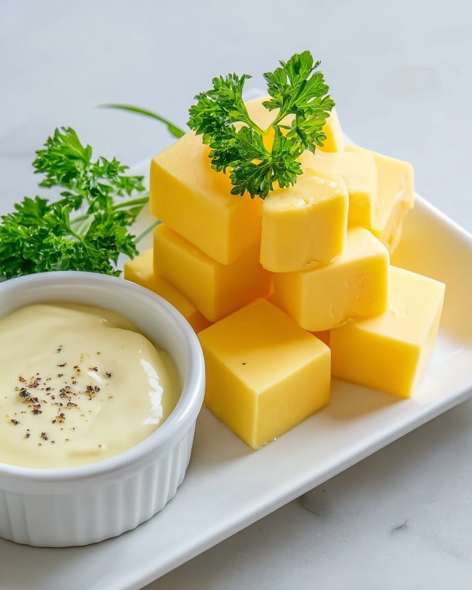 A white rectangular plate holds neat cubes of yellow cheese stacked in two layers, with a sprig of green parsley placed on top and beside the cubes. On the left side of the plate, there is a small white ramekin filled with creamy pale yellow dipping sauce, sprinkled with small black pepper specks. The whole setup sits on a white marbled surface, giving a clean and fresh look. photo taken with an iphone --ar 4:5 --v 7