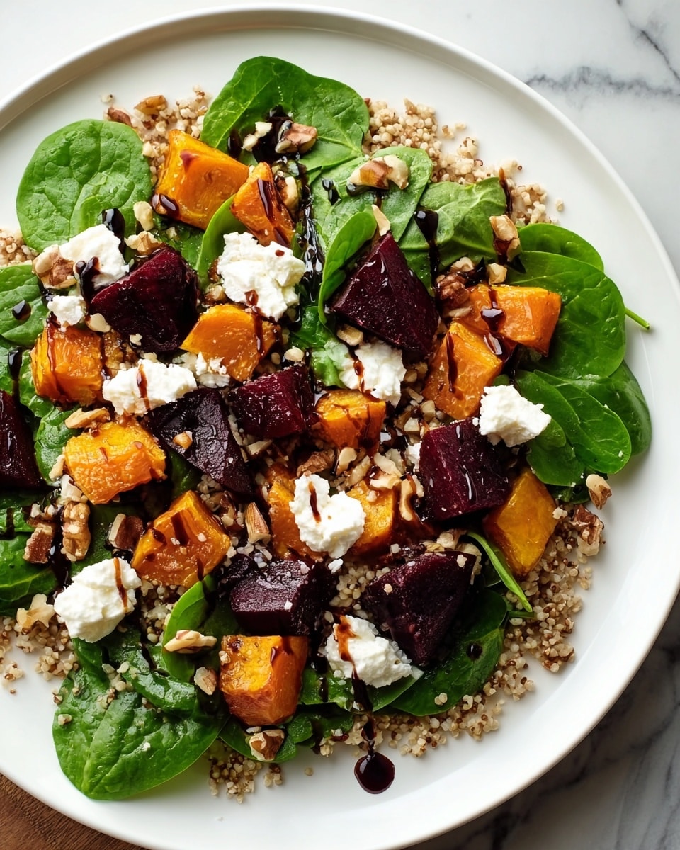 A white plate is filled with a layered salad starting with a base of cooked quinoa with a light beige color, spread evenly across the plate. On top, there is a mix of fresh bright green spinach leaves and chunky cubes of deep red beets and orange roasted sweet potatoes scattered evenly. Small dollops of white creamy cheese are placed throughout, along with a sprinkling of light brown chopped walnuts. The salad is finished with a drizzle of dark balsamic glaze, creating contrast with the colors. The dish sits on a white marbled surface. Photo taken with an iphone --ar 4:5 --v 7