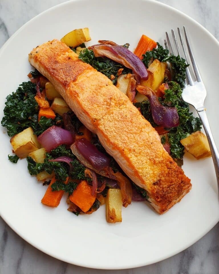 Sheet Pan Salmon with Roasted Winter Vegetables and Lemon Greens Recipe
