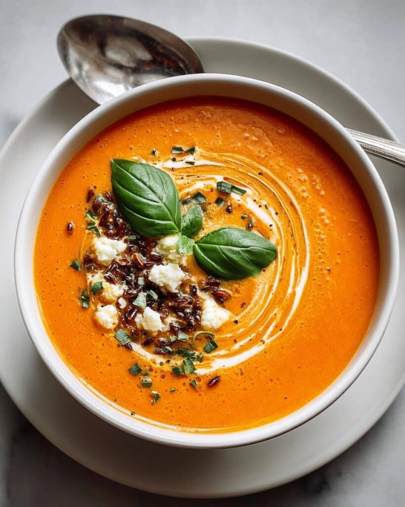 Creamy Roasted Red Pepper Soup with Feta, Basil, and Pumpkin Seeds Recipe