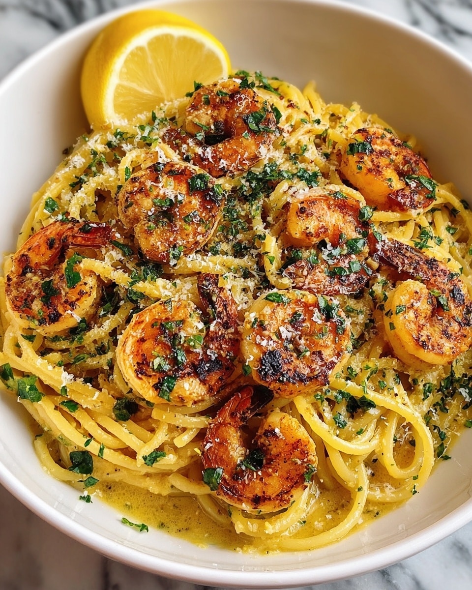 A white bowl holds a serving of spaghetti pasta coated in a light golden sauce, twirled into a small mound at the center. On top and around the pasta, there are eight browned, grilled shrimp with a slightly charred texture, sprinkled with chopped green herbs and grated cheese. A bright yellow lemon wedge is placed on the edge of the bowl, adding contrast. The bowl rests on a white marbled surface. photo taken with an iphone --ar 4:5 --v 7