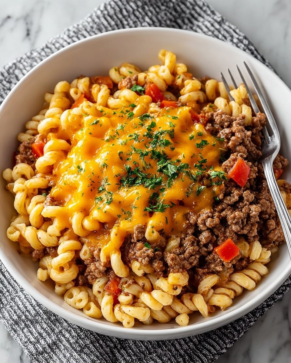 A white bowl filled with a layered dish, starting with a base of cooked elbow macaroni mixed evenly with browned ground beef and small red bell pepper pieces, all coated in a light sauce. On top, there is a generous layer of melted sharp cheddar cheese that has a slightly glossy texture, sprinkled with finely chopped fresh green parsley. The bowl is placed on a white marbled surface with a silver fork resting on the right side of the bowl. Photo taken with an iphone --ar 4:5 --v 7