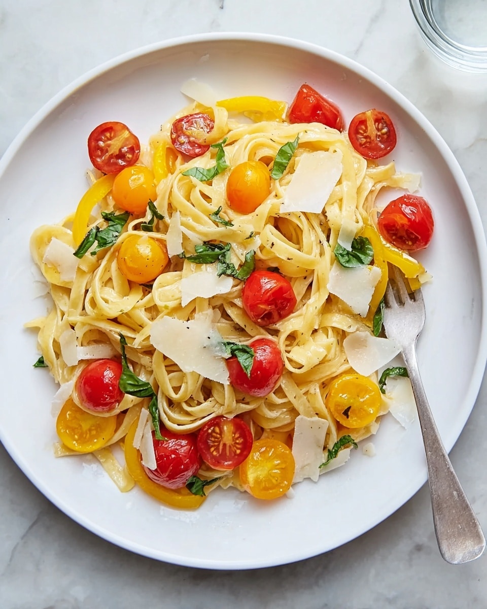 The dish shows one layer of creamy cooked fettuccine pasta mixed with small pieces of yellow bell pepper and thin strips of onion. Scattered on top are halved cherry tomatoes in red and yellow, alongside fresh green basil leaves. Thin, uneven pieces of shaved white cheese are spread over the pasta. The pasta sits on a white plate, with a silver fork resting on the left side of the plate. The surface beneath the plate has a white marbled texture. Photo taken with an iphone --ar 4:5 --v 7